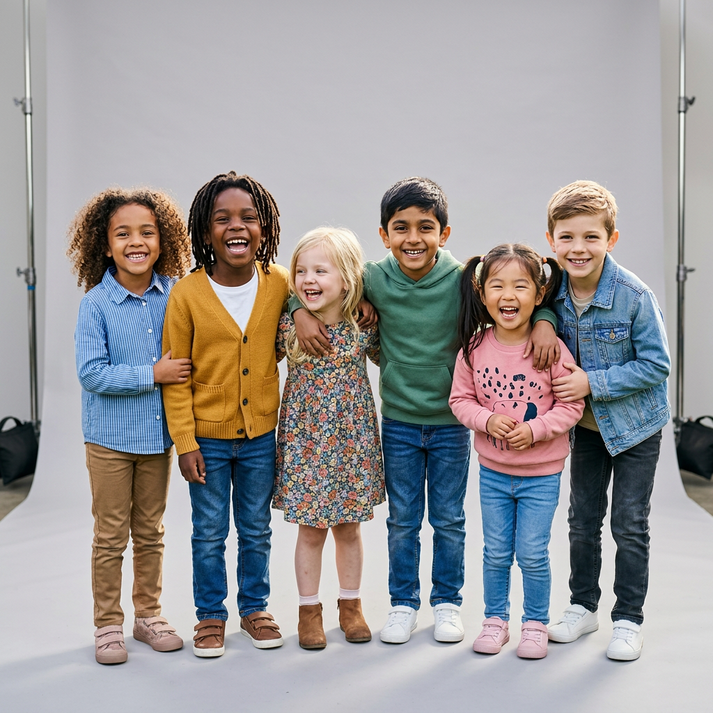 Six diverse children standing close together outdoors smiling and hugging