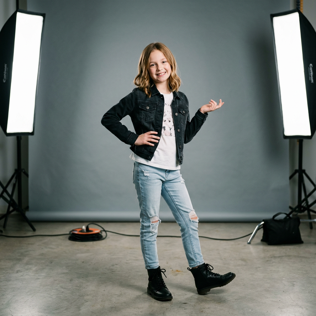 Young girl standing confidently in studio with professional lights on gray background