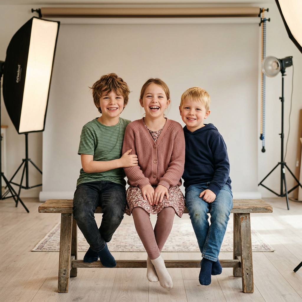 Three children sitting on a wooden bench smiling in a studio