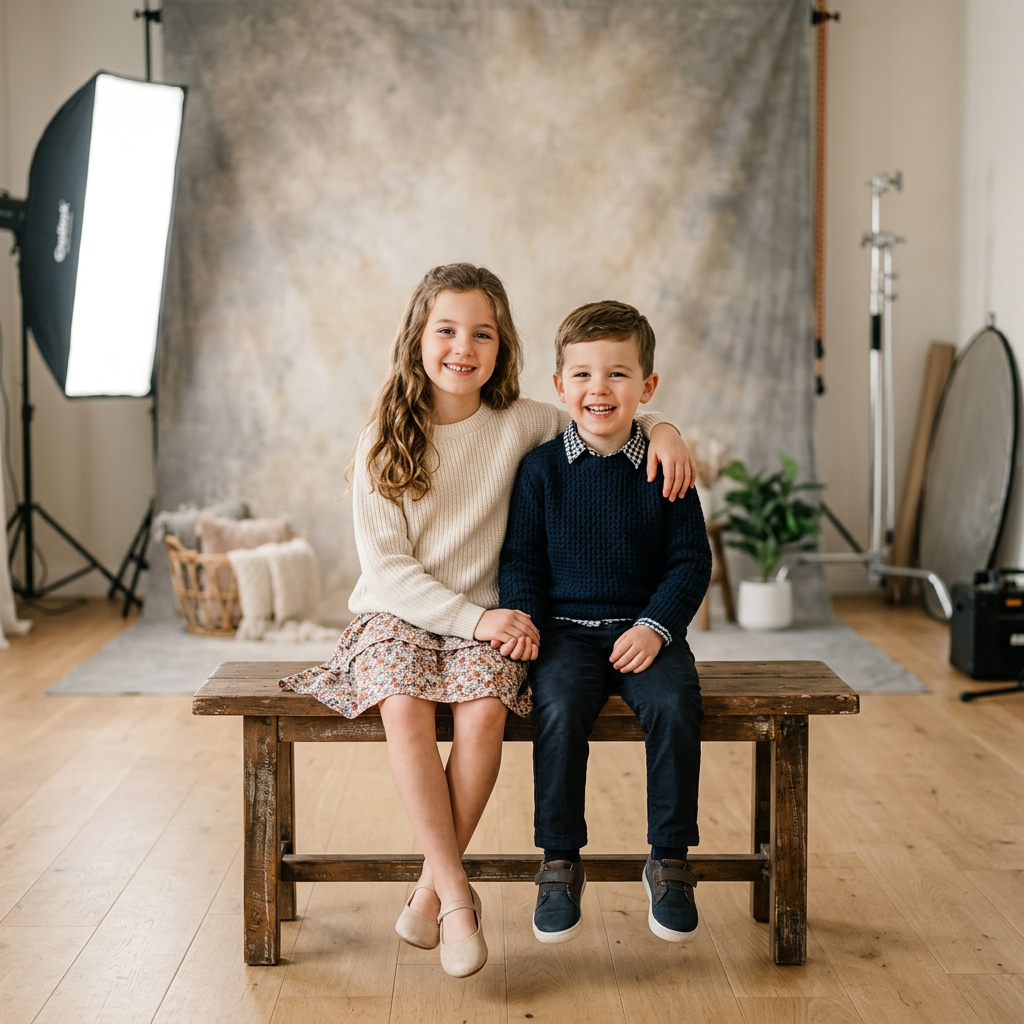 Young girl and boy sitting on a wooden bench smiling in a photo studio