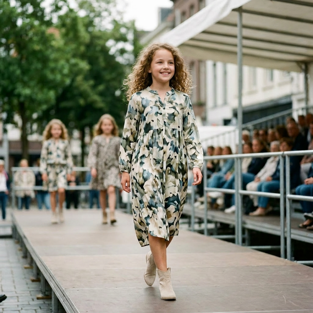 9-year-old girl on outdoor catwalk, blurred girls behind